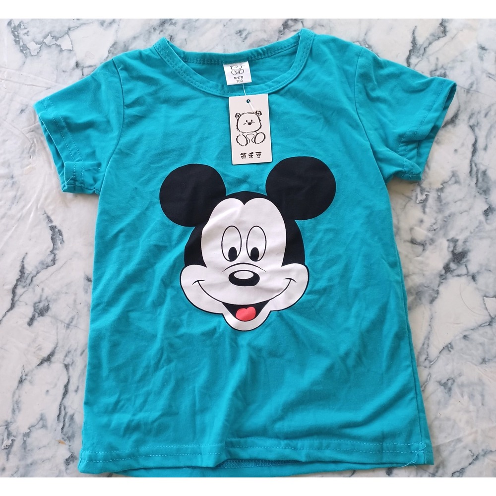 Meng Le Dou Mickey Mouse Graphic Tee Shirt Kid Size 100 3T Teal Blue Cartoon NWT